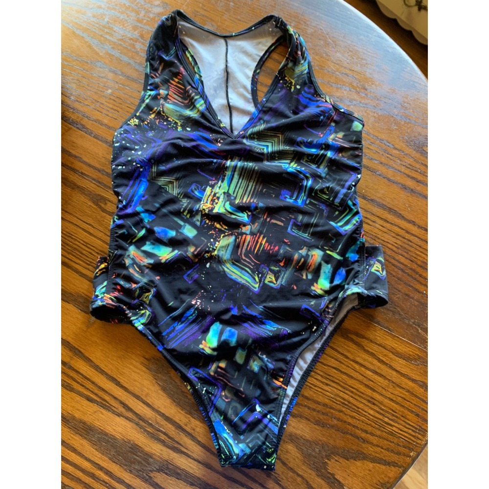 Black One Piece Swimsuit Multicolor Abstract Geometric Cutout Sides Racerback